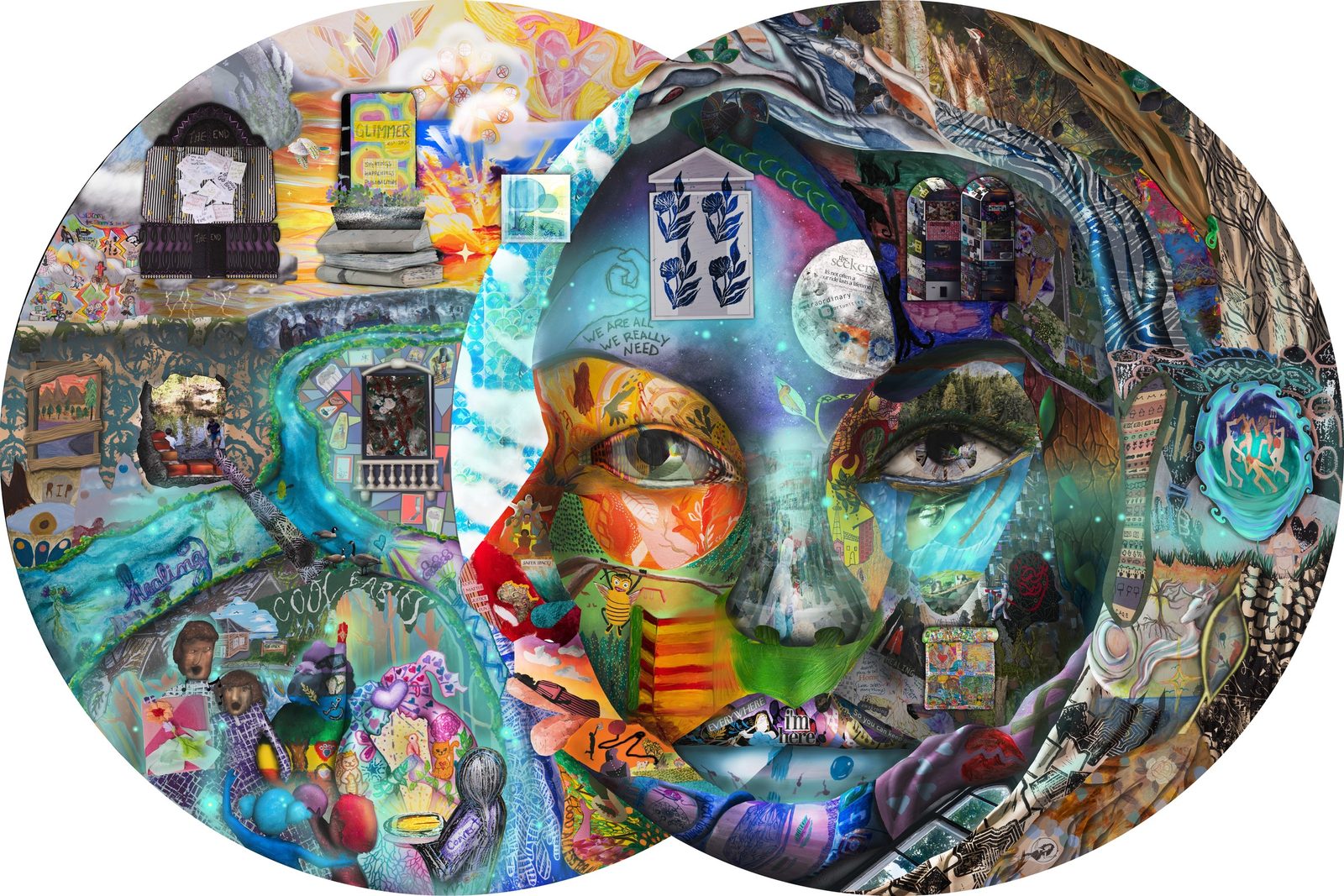 The completed Art in a Just Recovery mural, a large-scale composition assembled from the individual artworks made in eight Guelph neighbourhood groups