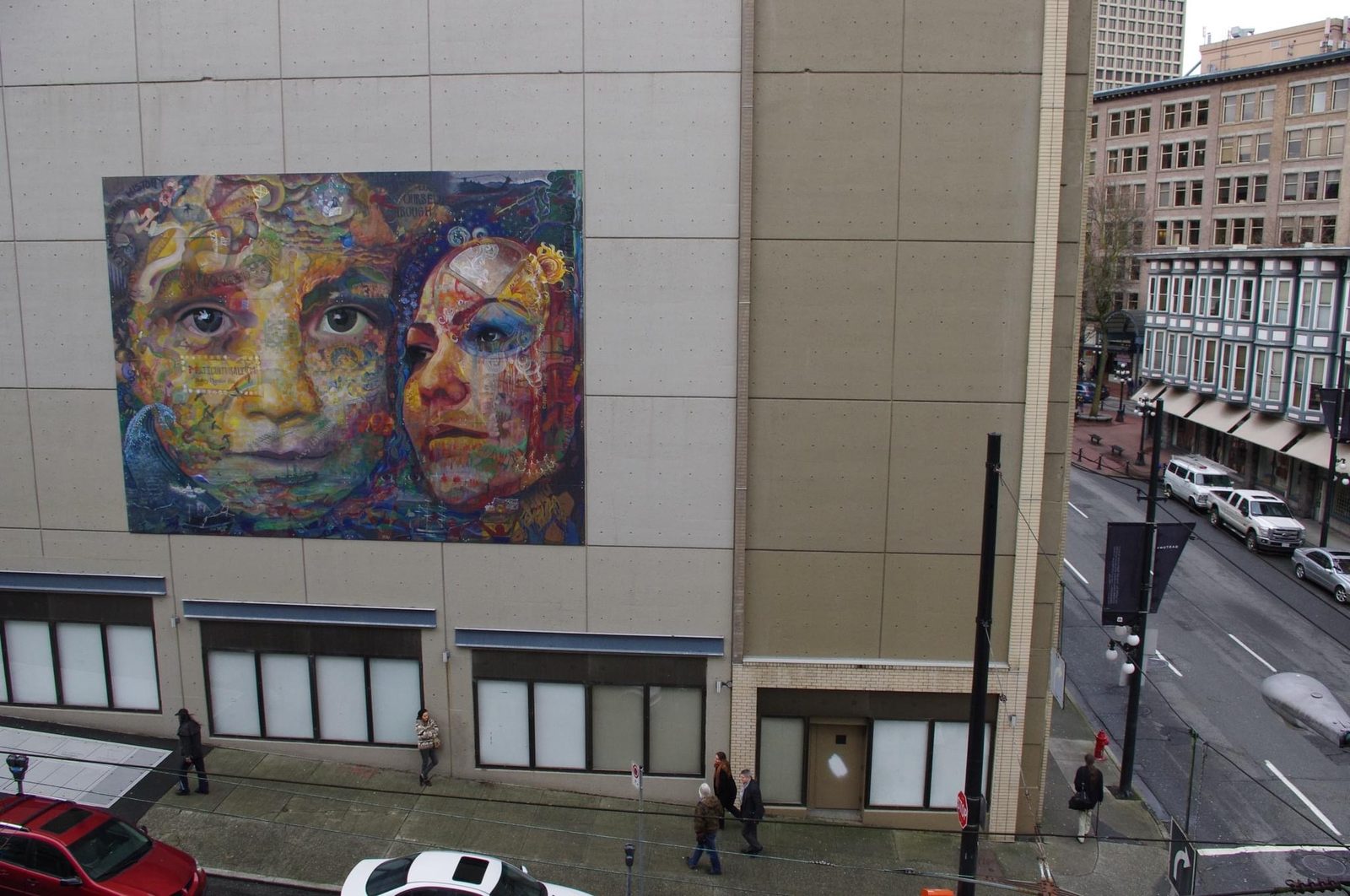 The Belonging Action, a 24 by 32 foot painted mural on the Harbour Centre parkade wall in downtown Vancouver