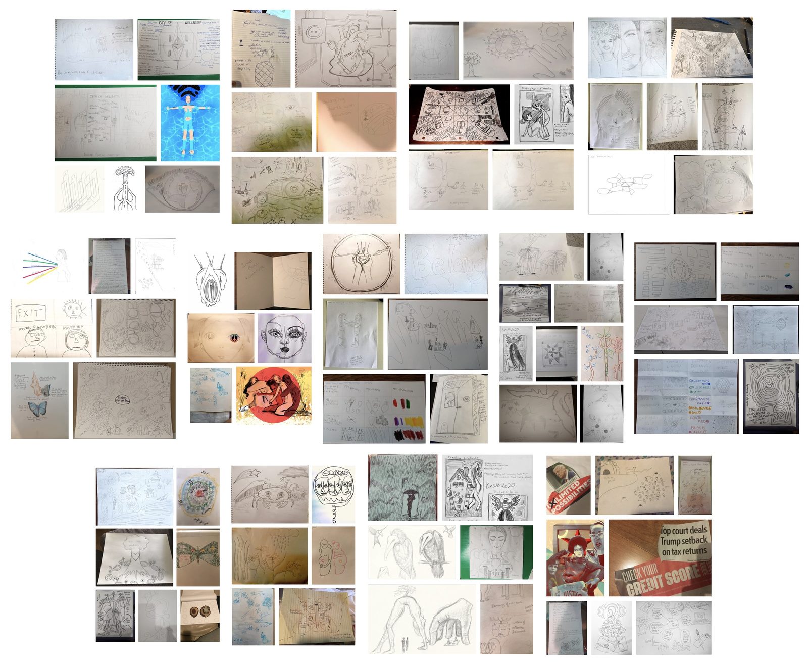 The individual artworks made for Connected in Chaos laid out together, roughly a hundred and fifty drawings, prints, paintings and photographs in thirteen media